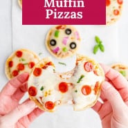 Individual pizza, text overlay reads "easy english muffin pizzas."