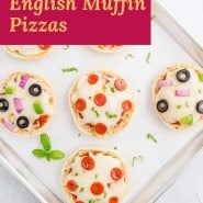 Individual pizza, text overlay reads "easy english muffin pizzas."