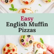 Individual pizza, text overlay reads "easy english muffin pizzas."