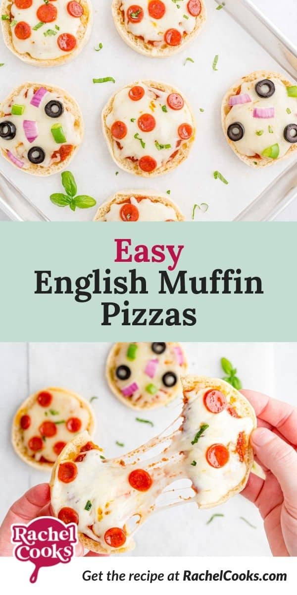 Individual pizza, text overlay reads "easy english muffin pizzas."
