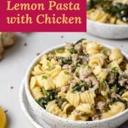 Pasta with spinach, text overlay reads "instant pot lemon pasta with chicken."