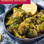 Broccoli in dark colored bowl, text overlay reads "lemon Parmesan roasted broccoli."