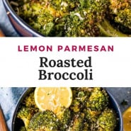Broccoli in dark colored bowl, text overlay reads "lemon Parmesan roasted broccoli."
