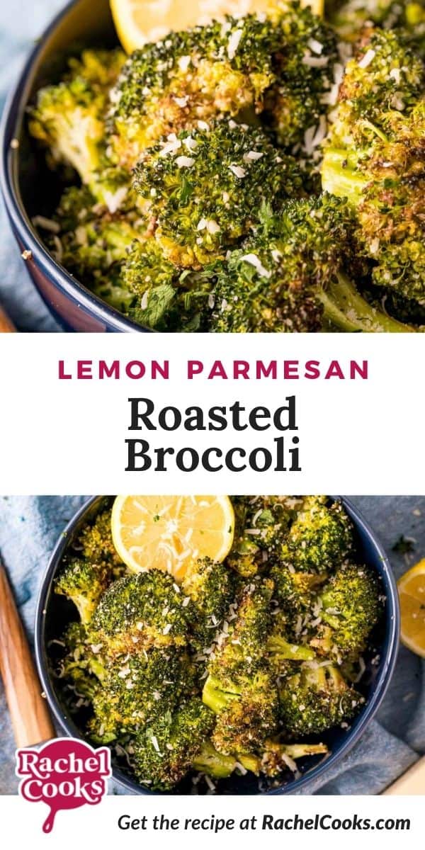 Broccoli in dark colored bowl, text overlay reads "lemon Parmesan roasted broccoli."