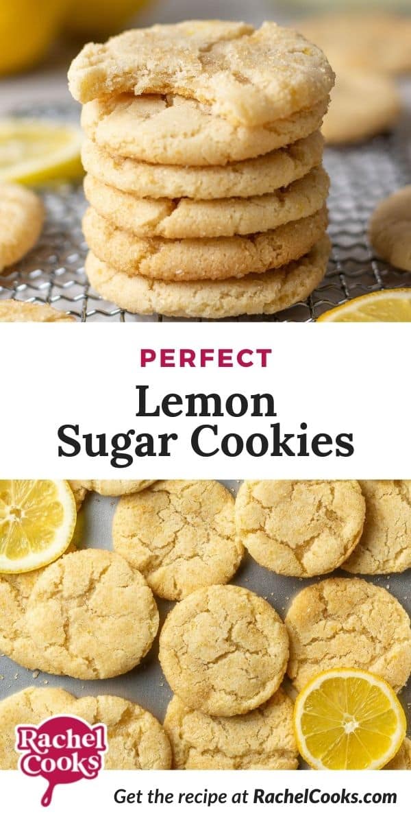 Lemon cookies with text overlay that reads "perfect lemon sugar cookies."