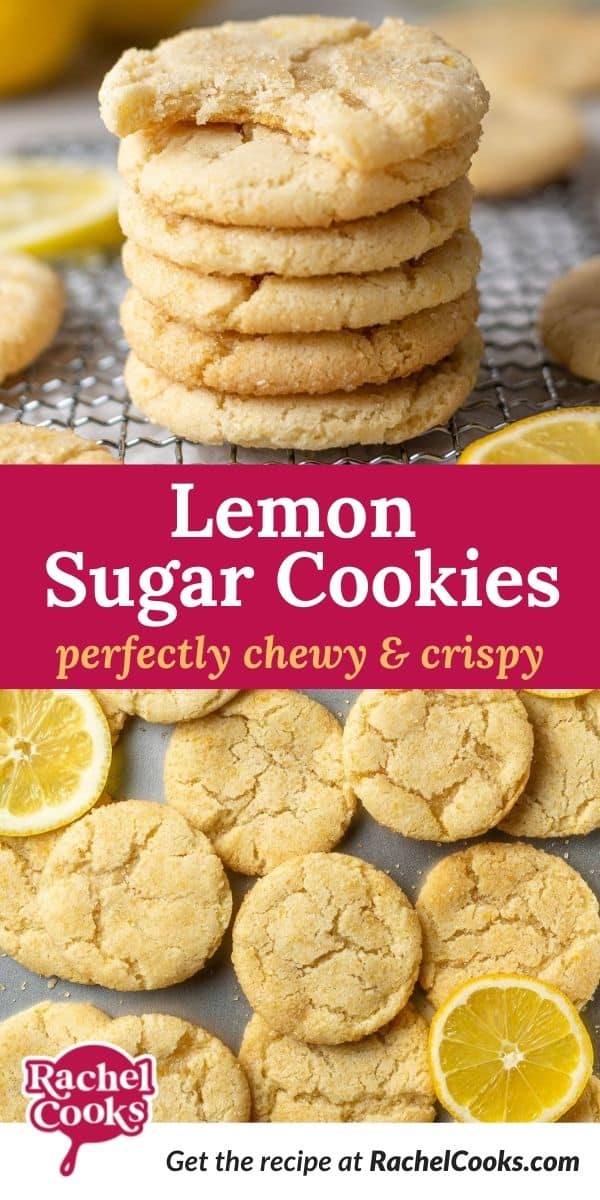 Lemon cookies with text overlay that reads "perfect lemon sugar cookies."
