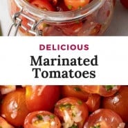 Tomatoes in a jar, text overlay reads "delicious marinated tomatoes."