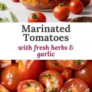 Tomatoes in a jar, text overlay reads "marinated tomatoes with fresh herbs and garlic."