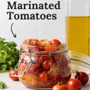 Tomatoes in a jar, text overlay reads "the best marinated tomatoes."