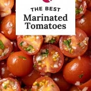 Tomatoes in a jar, text overlay reads "the best marinated tomatoes."