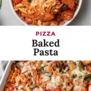 Pasta with cheese and pizza sauce, text overlay reads "pizza baked pasta."