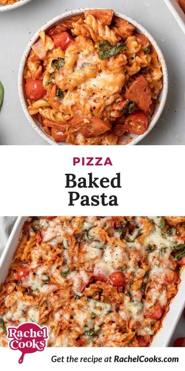 Pasta with cheese and pizza sauce, text overlay reads "pizza baked pasta."