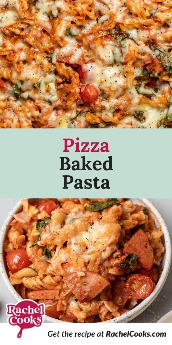 Pasta with cheese and pizza sauce, text overlay reads "pizza baked pasta."