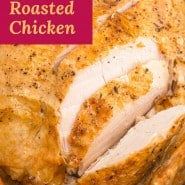 Chicken in white dish, text overlay reads "perfect roasted chicken."