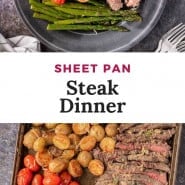 Steak and vegetables, text overlay reads "sheet pan steak dinner."