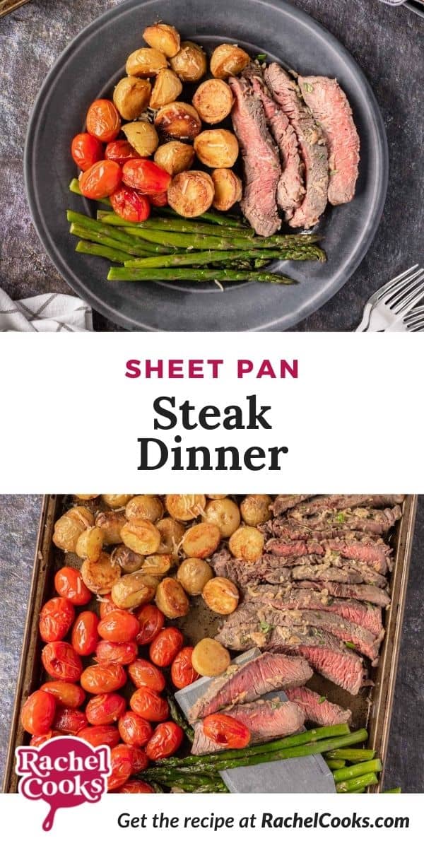 Steak and vegetables, text overlay reads "sheet pan steak dinner."