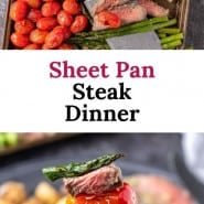 Steak and vegetables, text overlay reads "sheet pan steak dinner."