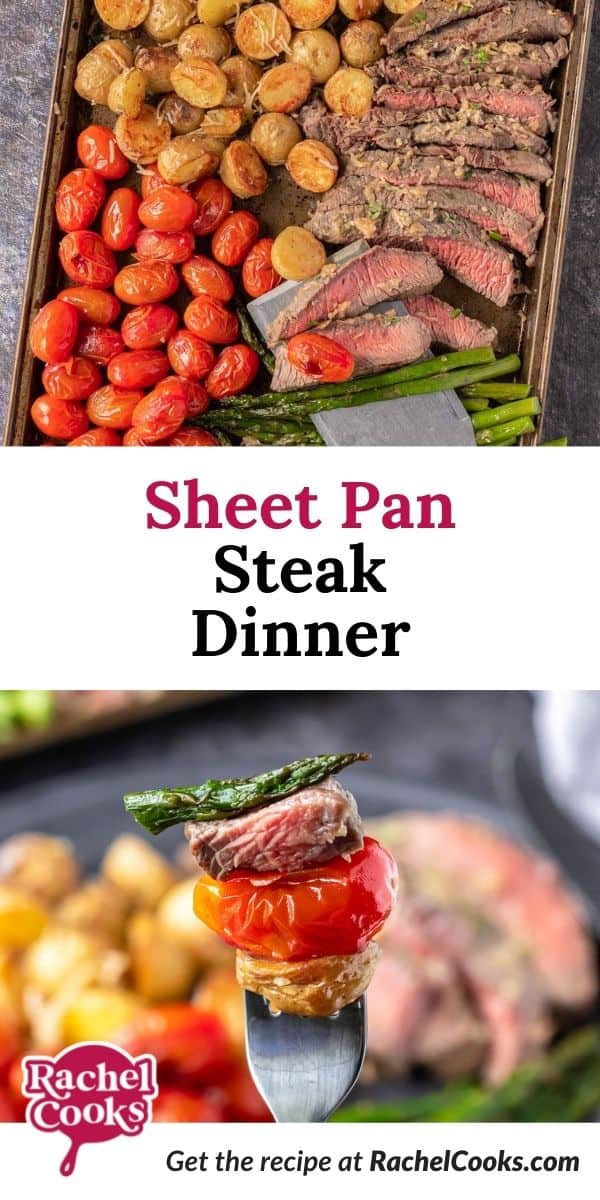 Steak and vegetables, text overlay reads "sheet pan steak dinner."
