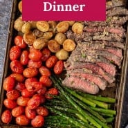 Steak and vegetables, text overlay reads "sheet pan steak dinner."