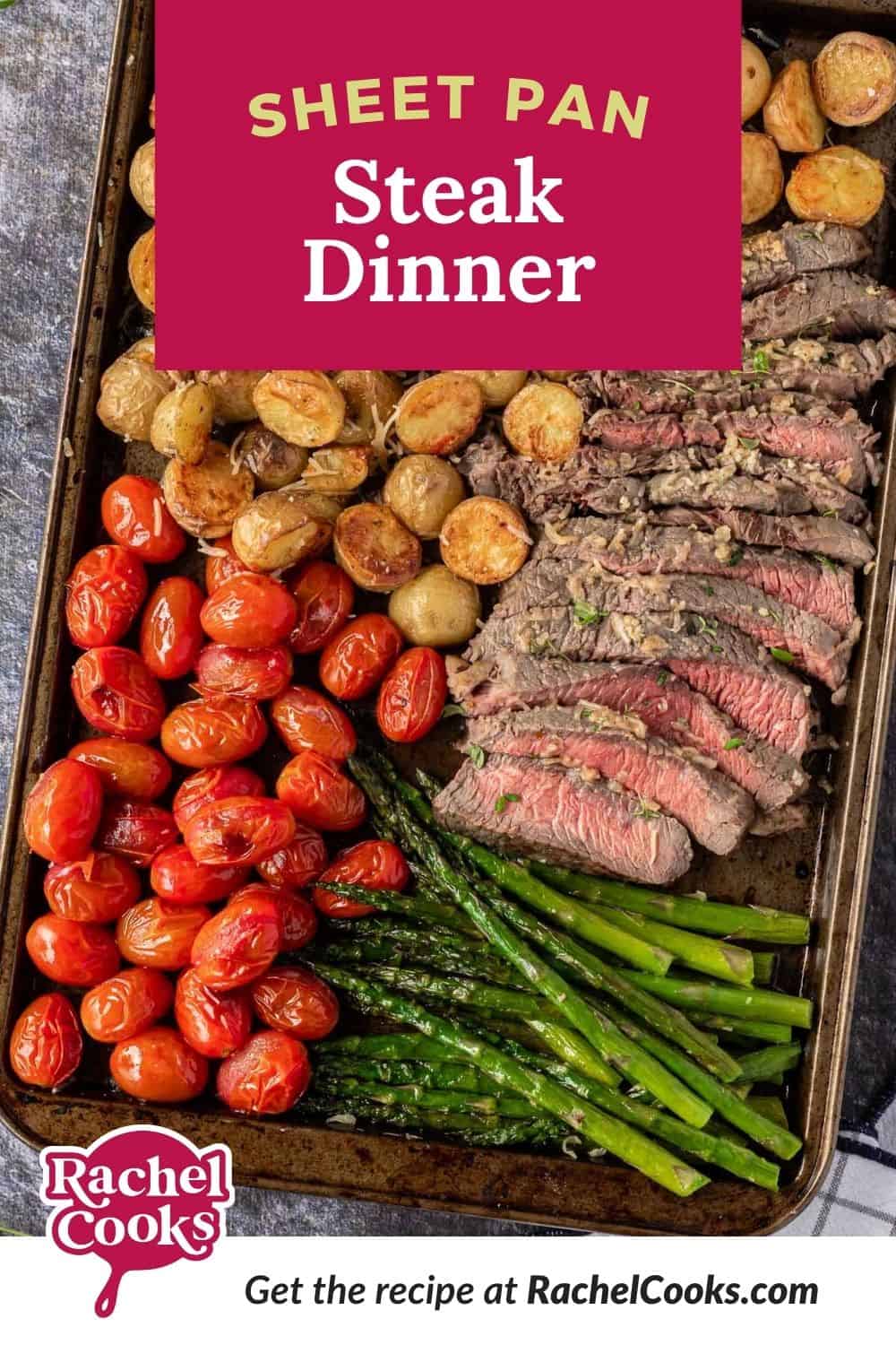 Steak and vegetables, text overlay reads "sheet pan steak dinner."