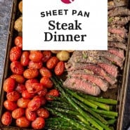 Steak and vegetables, text overlay reads "sheet pan steak dinner."