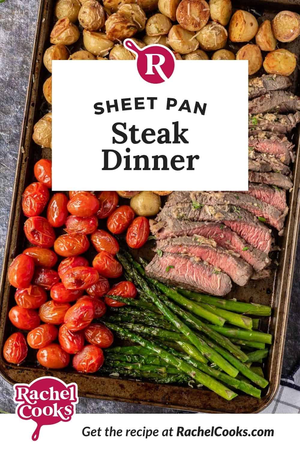 Steak and vegetables, text overlay reads "sheet pan steak dinner."
