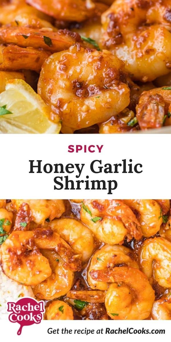 Shrimp, with a text overlay that reads "spicy honey garlic shrimp."
