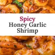 Shrimp, with a text overlay that reads "spicy honey garlic shrimp."