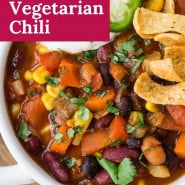 Chili in a bowl, text overlay reads "the best vegetarian chili."