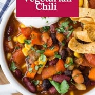 Chili in a bowl, text overlay reads "the best vegetarian chili."