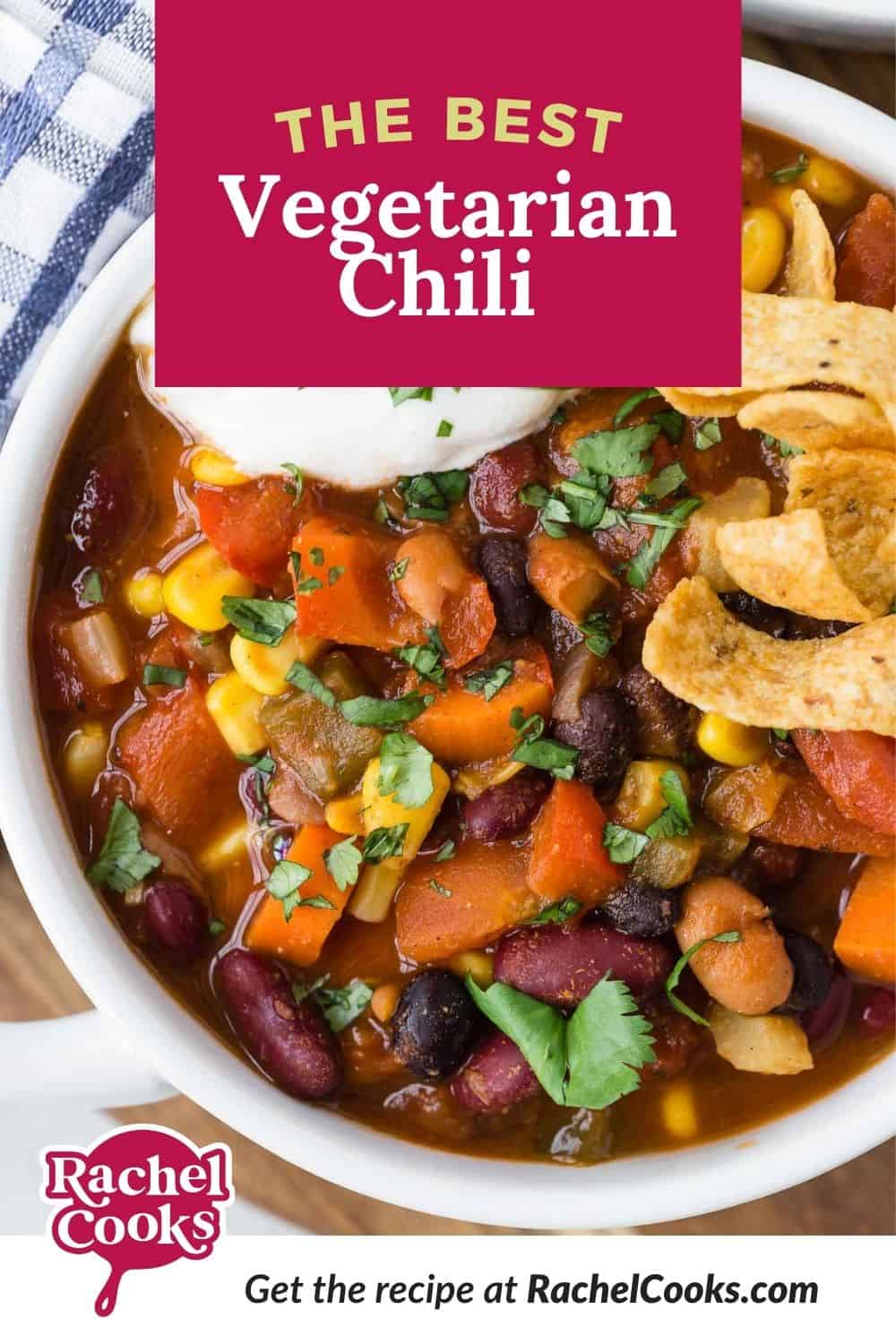 Chili in a bowl, text overlay reads "the best vegetarian chili."