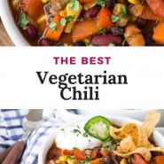 Chili in a bowl, text overlay reads "the best vegetarian chili."