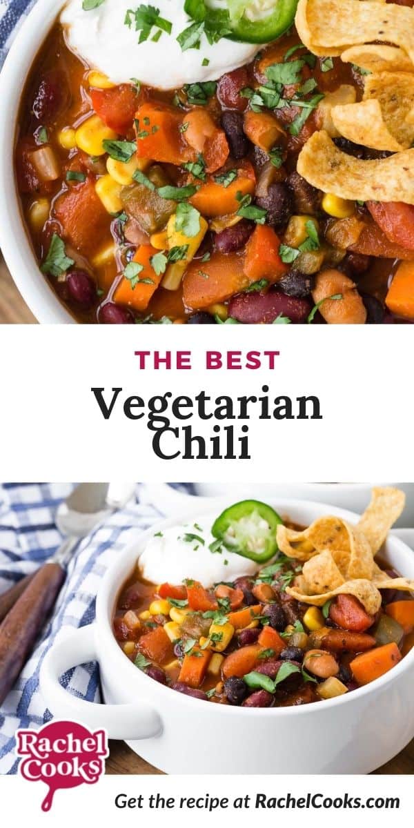 Chili in a bowl, text overlay reads "the best vegetarian chili."