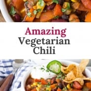 Chili in a bowl, text overlay reads "amazing vegetarian chili."