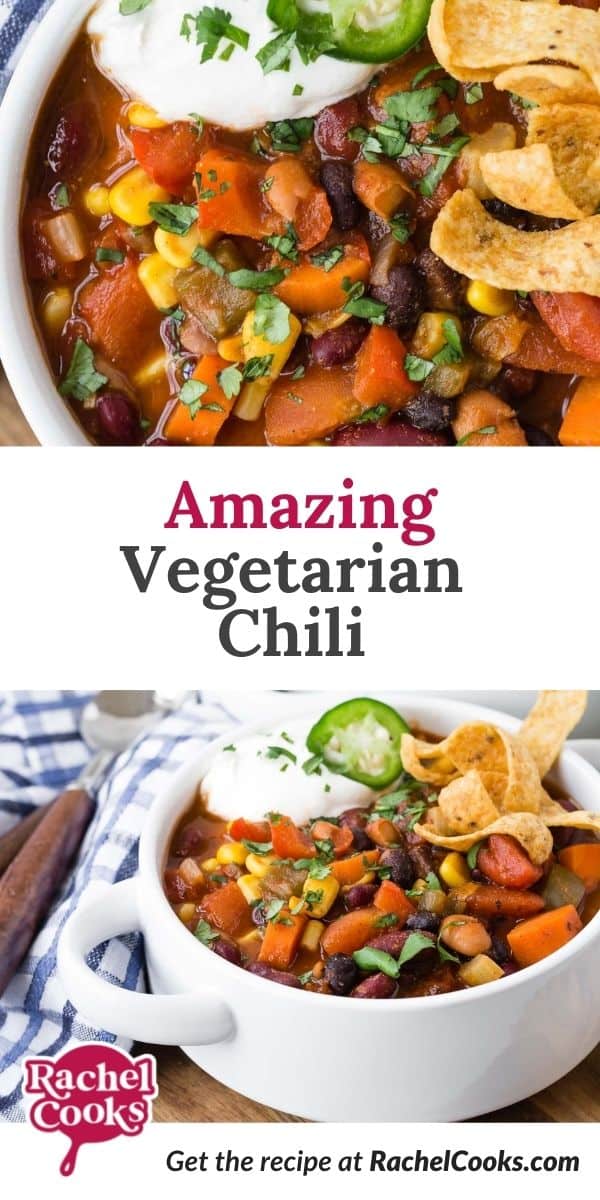 Chili in a bowl, text overlay reads "amazing vegetarian chili."