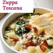 Soup with kale, sausage, and potatoes, text overlay reads "homemade zuppa toscana."