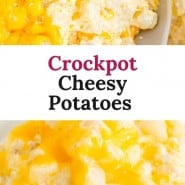 Potatoes with cheese, text overlay reads "crockpot cheesy potatoes."