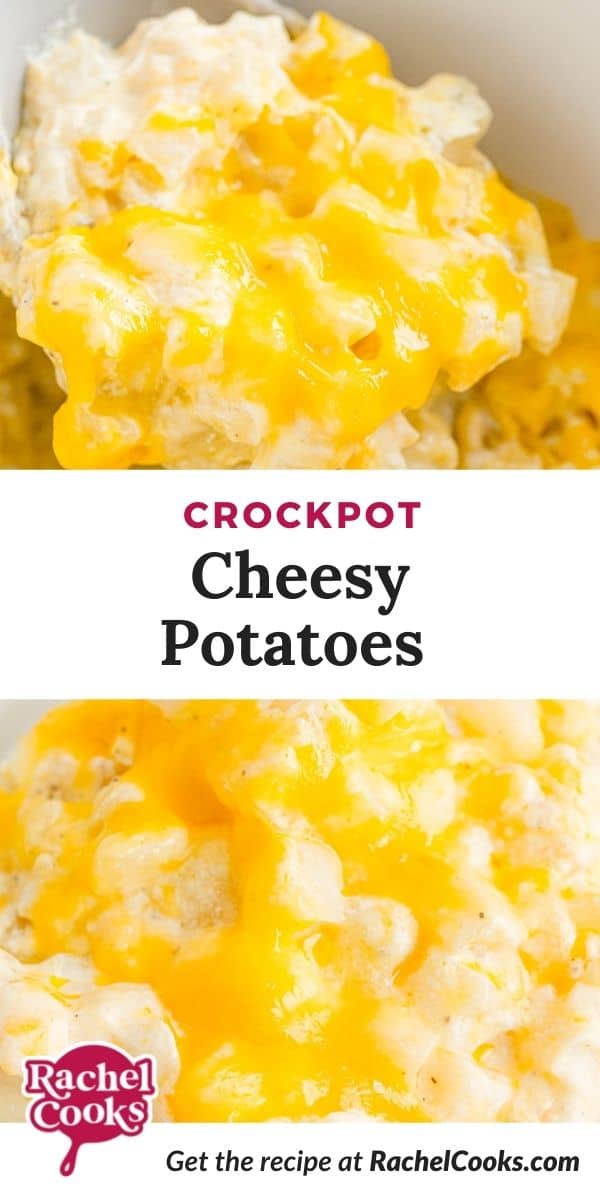 Potatoes with cheese, text overlay reads "crockpot cheesy potatoes."