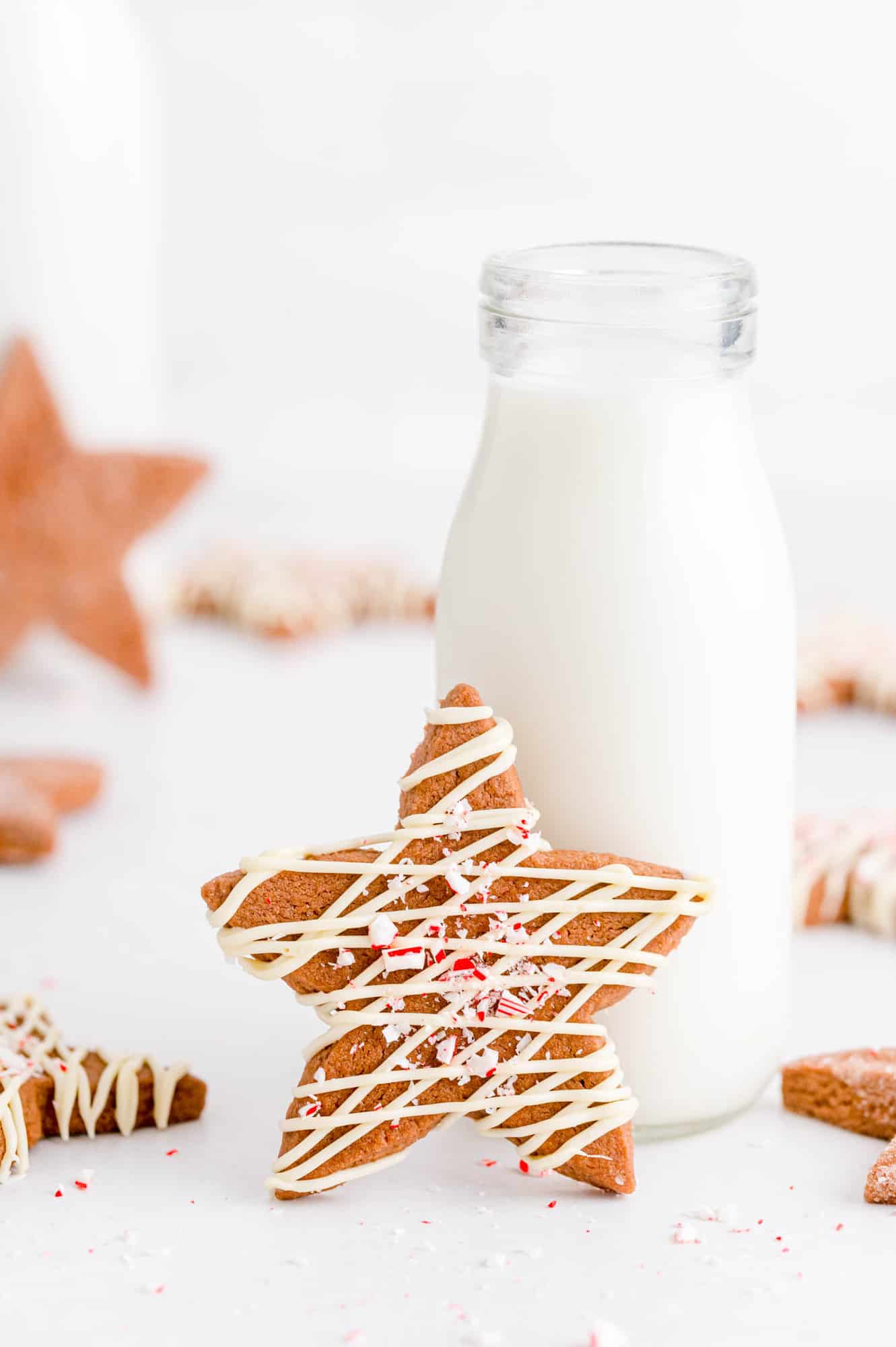 Star shaped chocolate cookie leaning against small bottle of milk.