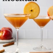 Brown drink in martini glass, text overlay reads "apple cider mocktail."