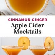 Brown drink in martini glass, text overlay reads "cinnamon ginger apple cider mocktail."