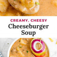 Creamy soup with toppings, text overlay reads "creamy cheeseburger soup."