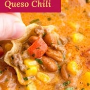 Chili, text overlay reads "creamy queso chili."