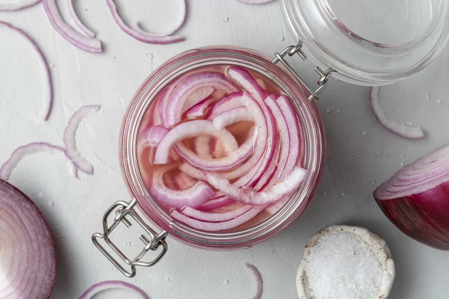 Sliced onions in pickling brine.