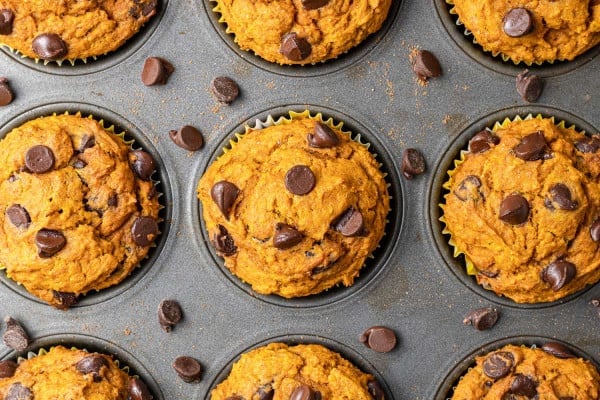 Close up overhead view of muffins in a tin.