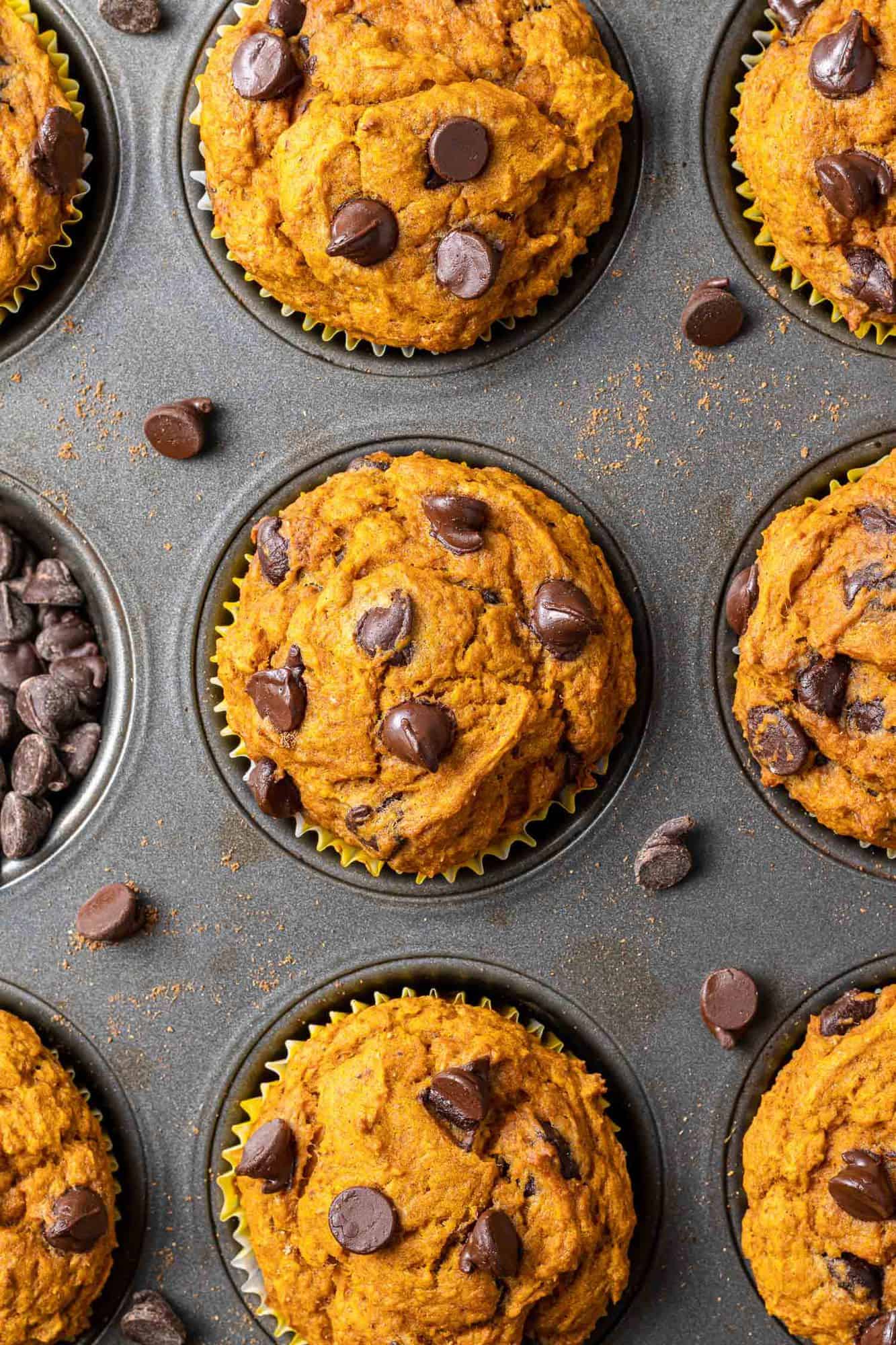 Close up overhead view of muffins in a tin.