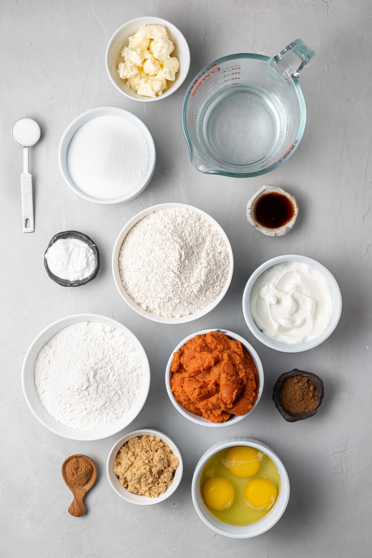 Overhead view of ingredients needed including pumpkin puree.