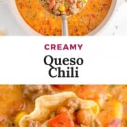 Chili, text overlay reads "creamy queso chili."