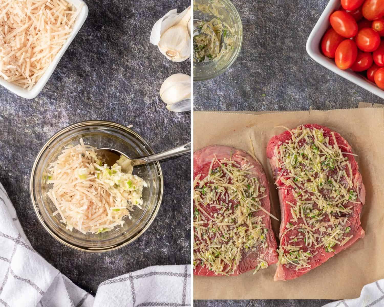 Side by side images of cheese in a bowl with herbs, and then steak topped with mixture.