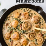 Mushrooms in a white bowl, text overlay reads "the best tuscan mushrooms."